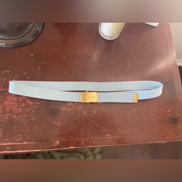 Used skinny 80s Yves Saint Laurent Pale Blue Woven Belt w/Gold Hardware